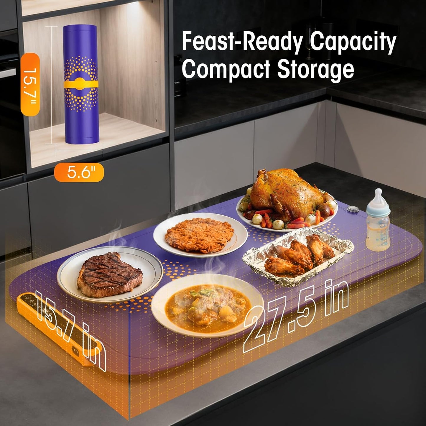 Warming Mat for Food, Extra Large, Food Warming Mat for Countertop, Food Warmer Mat with 7 Temperature Settings, Child Lock, Raised Feet Protects Table, Fast 8S Heating, Parties, Buffets, Daily Use