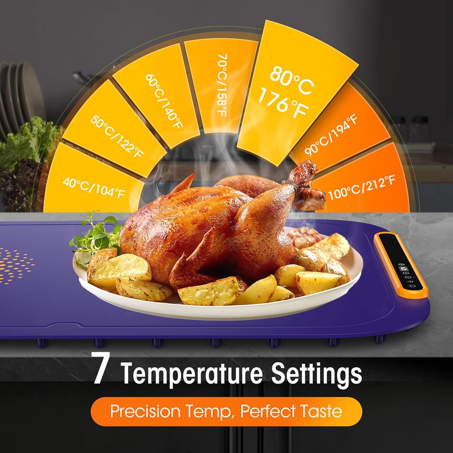 Warming Mat for Food, Extra Large, Food Warming Mat for Countertop, Food Warmer Mat with 7 Temperature Settings, Child Lock, Raised Feet Protects Table, Fast 8S Heating, Parties, Buffets, Daily Use