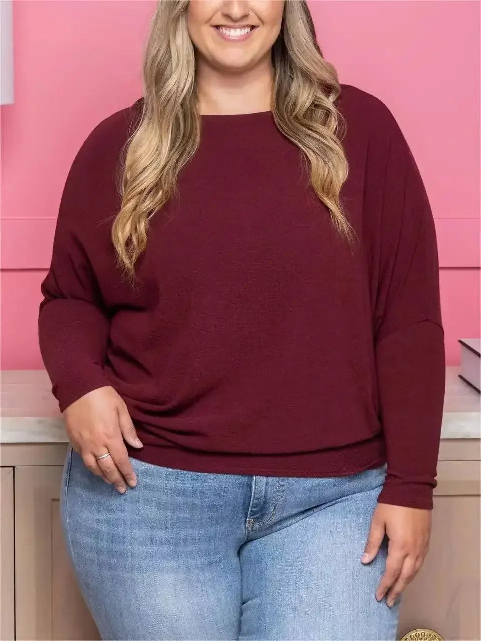 Comfort Knit Crew-Neck Batwing Sleeves Top