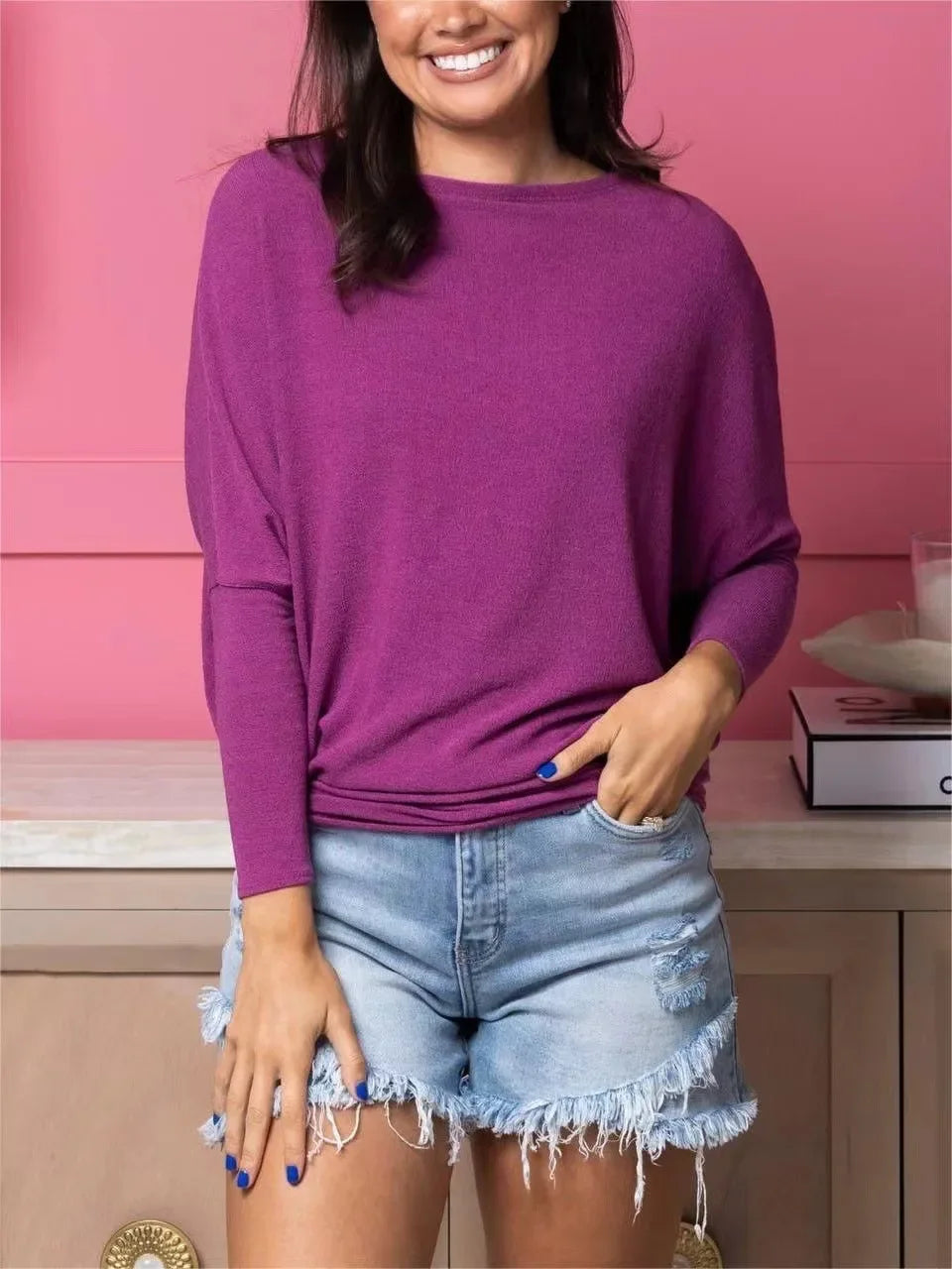 Comfort Knit Crew-Neck Batwing Sleeves Top