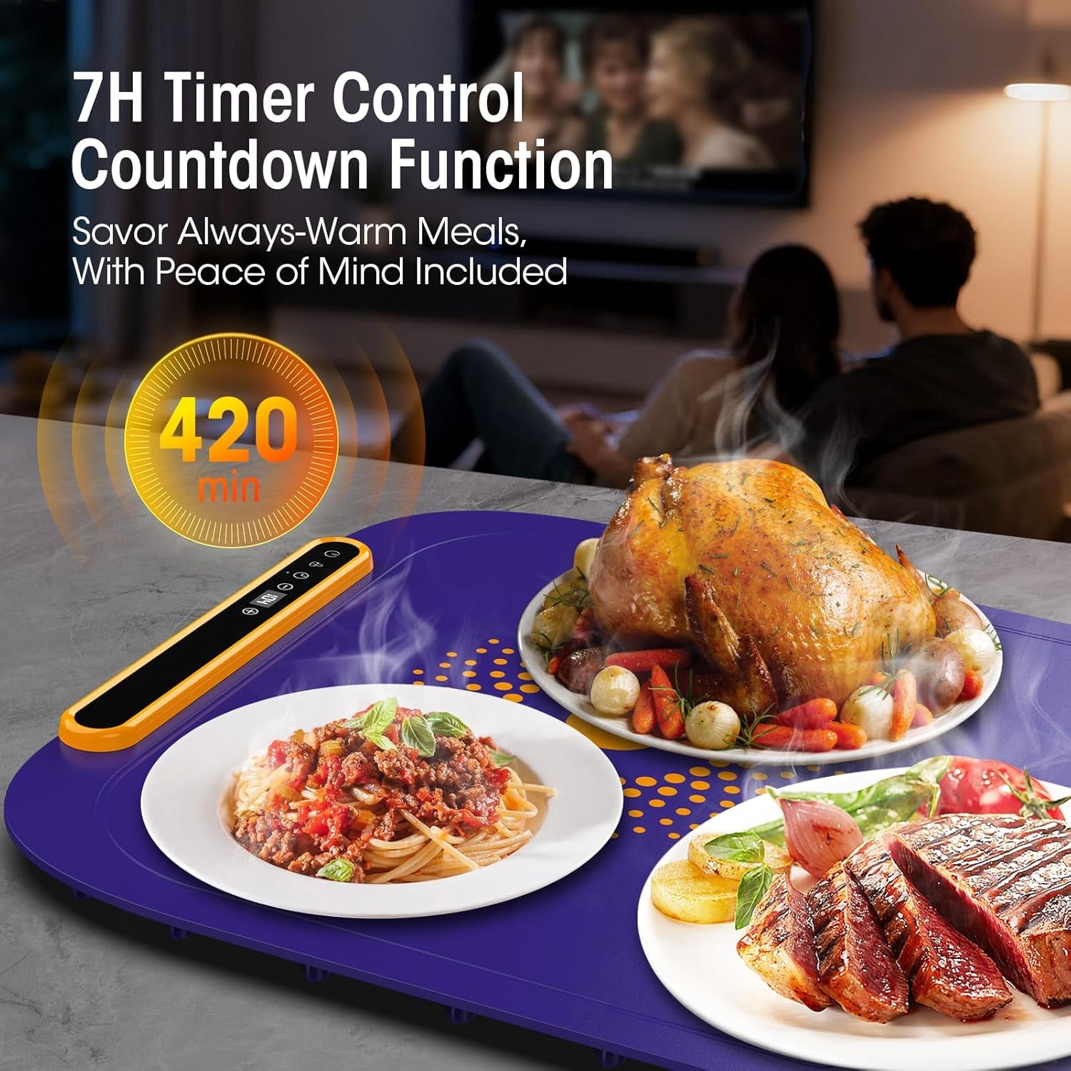 Warming Mat for Food, Extra Large, Food Warming Mat for Countertop, Food Warmer Mat with 7 Temperature Settings, Child Lock, Raised Feet Protects Table, Fast 8S Heating, Parties, Buffets, Daily Use