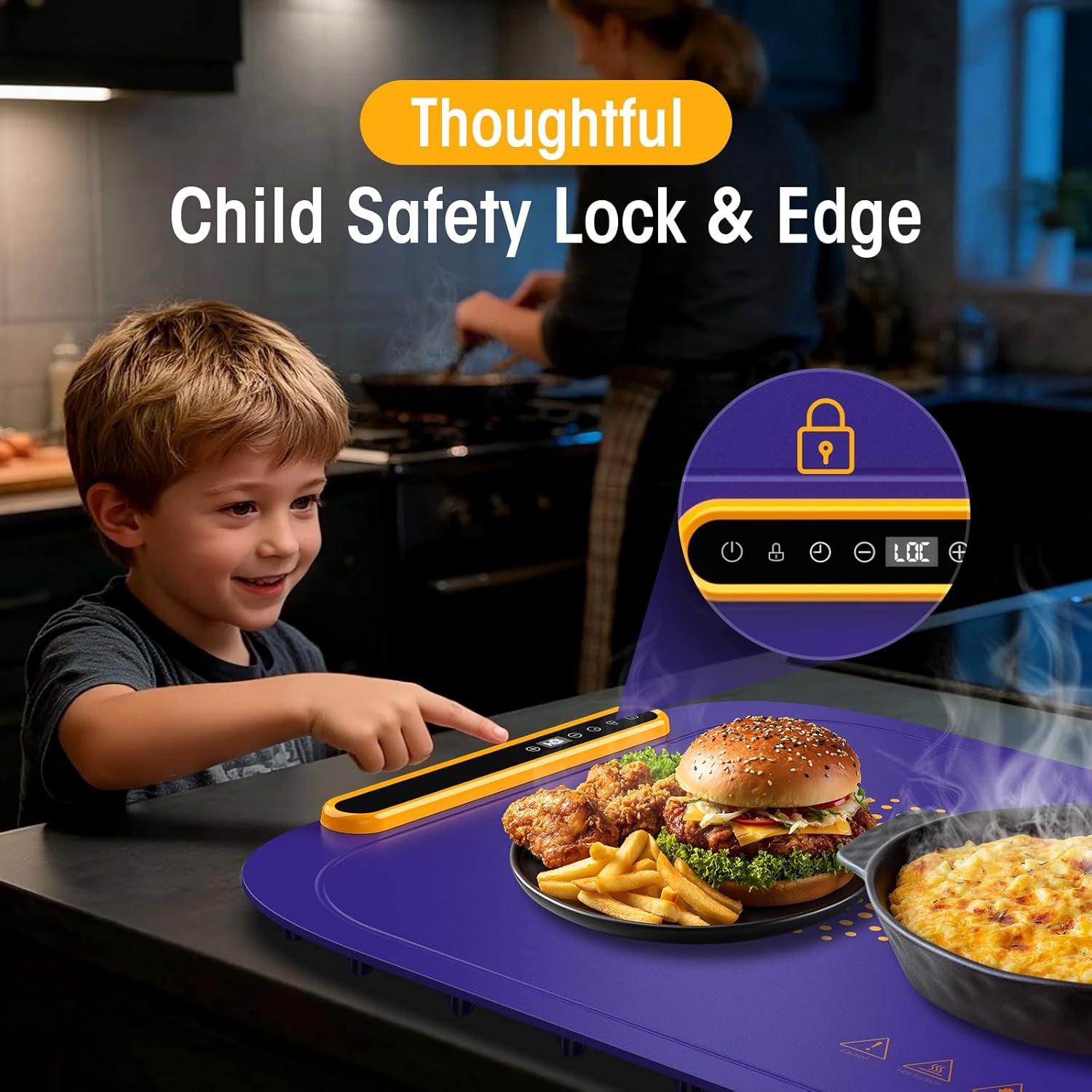 Warming Mat for Food, Extra Large, Food Warming Mat for Countertop, Food Warmer Mat with 7 Temperature Settings, Child Lock, Raised Feet Protects Table, Fast 8S Heating, Parties, Buffets, Daily Use