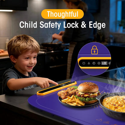 Warming Mat for Food, Extra Large, Food Warming Mat for Countertop, Food Warmer Mat with 7 Temperature Settings, Child Lock, Raised Feet Protects Table, Fast 8S Heating, Parties, Buffets, Daily Use